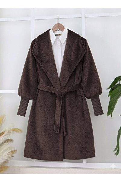 Modamorfo Ribbed Sleeve Shawl Collar Lined Cashmere Coat -K. Brown
