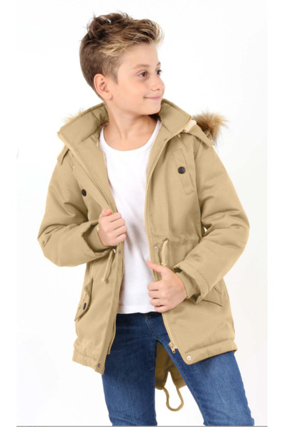 Asortix Palton lung pentru băieți, impermeabil, cu glugă detașabilă, căptușit...