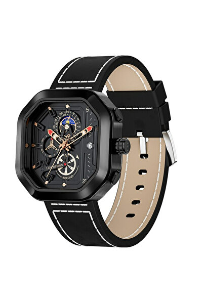 Lige Ceas bărbătesc Octagon din piele, cronograf, cu dată, negru