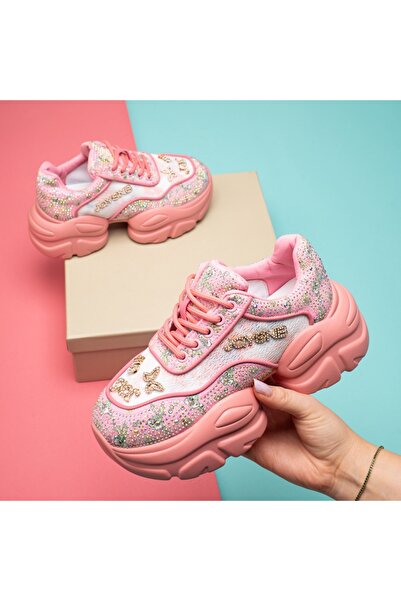 BMoD Pantofi sport roz pentru femei cu talpă groasă și strasuri aplicate MOD1...