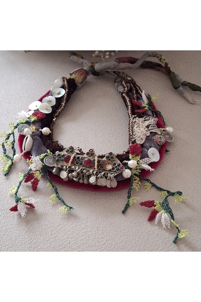 azra takı tasarım Handmade Only 1Pc,Authentic Ethnic Bohemian Natural Pearl Afghan with Accessories,Colorful,Short Women's Necklace