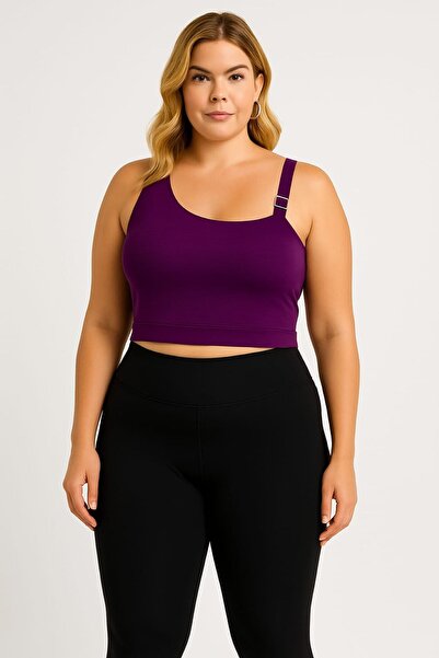 enmodaiçgiyim Mor Büyük Beden Tek Omuz Ribana Mikro Kumaş Astarlı Spor Crop &...