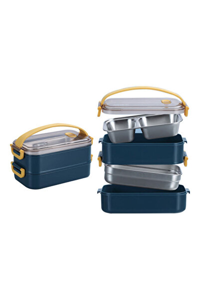 SMİLEE Bento Lunch Box With Divider 22x11x12 cm Stainless Steel Blue 1600ml