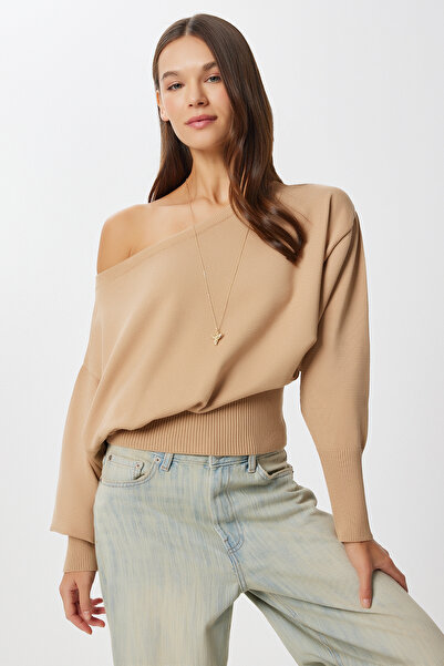 Lovelyİstanbul Tricotaj cu umeri expusi Pulover LZA0015 MARO LACTAT