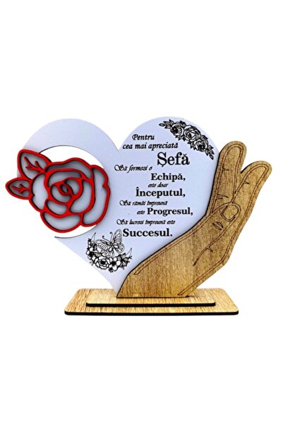 OEM Decoratiune tablou inima cu trandafir, personalizat cu mesaj pentru "Cea mai apreciata Sefa" 21x15cm