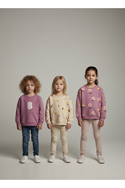 Magu Kız Çocuk Pamuklu 3'lü Sweatshirt Seti - Çiçek Desenli Ve Nakışlı Tasarımlar