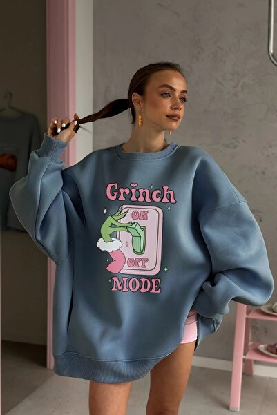 The Champ Clothing Női túlméretezett pulóverruha Grinch Mode nyomott mintás tengeri – Crew nyakú, 3 szálas, bordázott polár