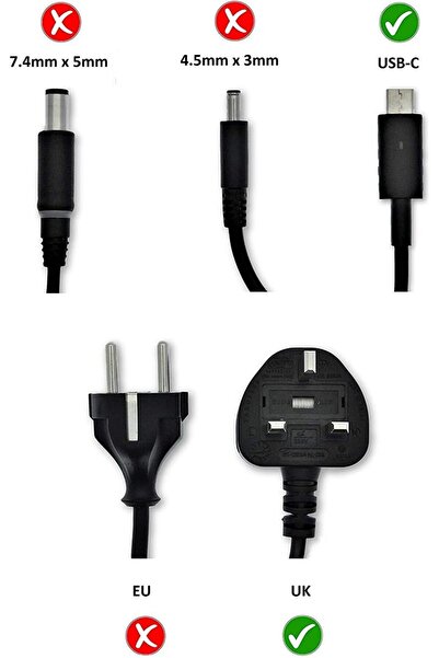 Dell Latitude 3400, 3500, 7200 2-In-1, 7300, 7400, 7400 2-In-1 65w USB-C Power Adapter Charger UK 45