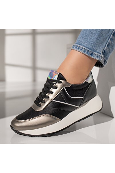 BMoD Pantofi sport negri pentru femei cu talpă groasă albă MOD11876