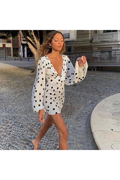 pink life Λευκό μακρυμάνικο μίνι φόρεμα από μικρούχρηστο ύφασμα πουά