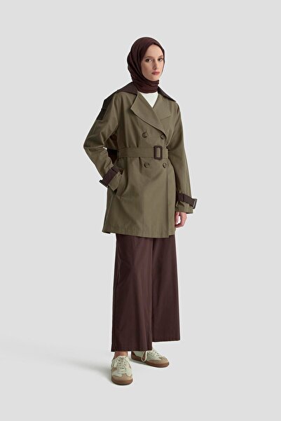 Armine TREND Double-Breasted Buttoned Belted Short Trench Coat Olive 25Yt705