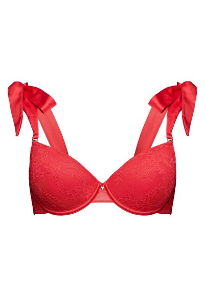 ESOTIQ Push-Up Bra Underwired Plunging Design Decorative Removable Ribbons with Floral Lace | C'est