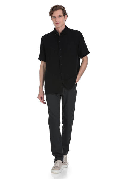 Hatemoğlu Black Comfort Fit Button down Collar 100% Cotton Short Sleeve Casual Shirt