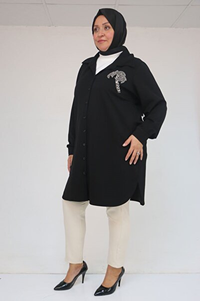 Eslina 58126 Plus Size Buttoned Modal Tunic with Accessory Detail - Black