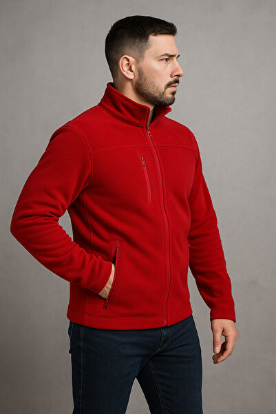 Butik Unisex Kırmızı Anti-pilling Tüylenme Yapmayan Standart Fit Tam Fermuarlı Soğuk Geçirmez Polar Hırka