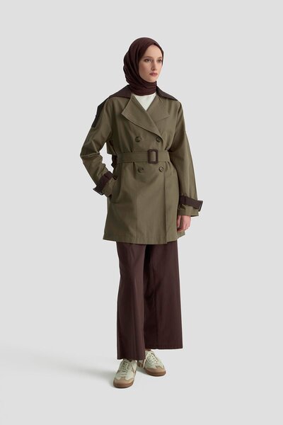 Armine TREND Double-Breasted Buttoned Belted Short Trench Coat Olive 25Yt705