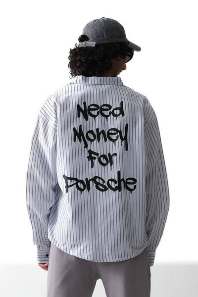1887CLO Need Money For Porsche İnce Siyah Çizgili Oversize Gömlek