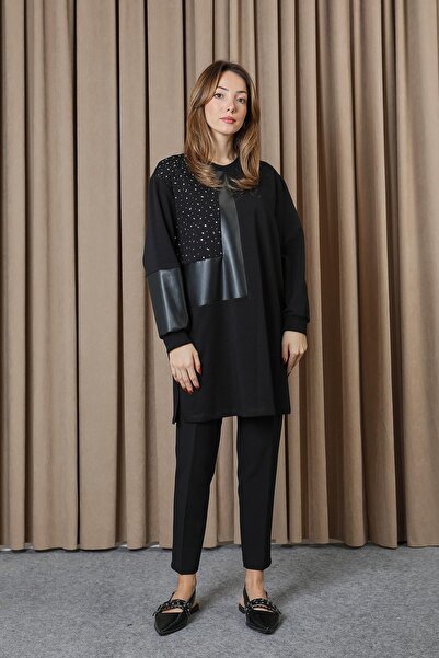 Puane Kadın Taş Detaylı Asimetrik Tunik - 10738TUN - Siyah