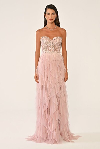 ALFABETA STRAPLEZ FIRFIR VE YIRTMAÇ DETAYLI UZUN TÜL ABİYE PARTY ELBİSESİ