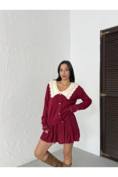 BEJNA Women's Burgundy Stylish Collar Blouse Skirt Bottom Top Knitwear Set