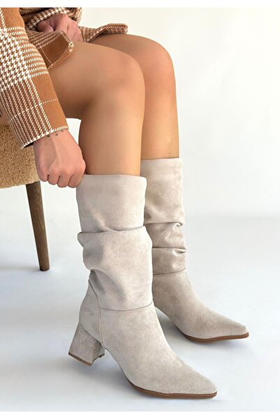 Erbilden Titen Bej Süet Körüklü Topuklu Çizme