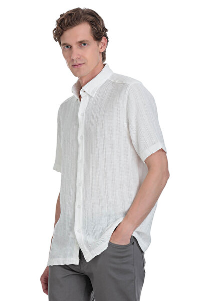 Hatemoğlu White Comfort Fit Button down Collar Short Sleeve Cotton Shirt