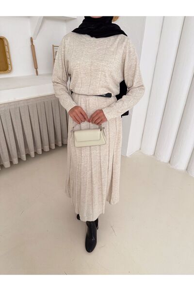 Butik Piliseli Evaze Triko Elbise Kemer Detaylı