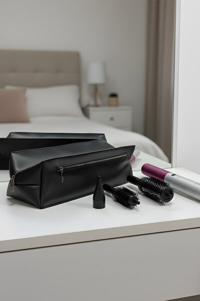 YUNUSOĞLU HOME Black Leather Plain Pattern XL Size Bag Travel Handbag for Your Airwrap and All Your Hair Styling Tools