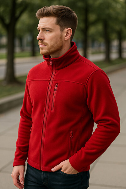 Butik Unisex Kırmızı Anti-pilling Tüylenme Yapmayan Standart Fit Tam Fermuarlı Soğuk Geçirmez Polar Hırka