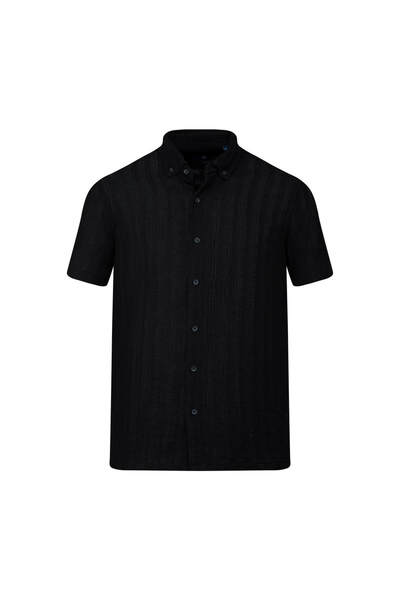 Hatemoğlu Black Comfort Fit Striped Button down Collar 100% Cotton Short Sleeve Casual Shirt