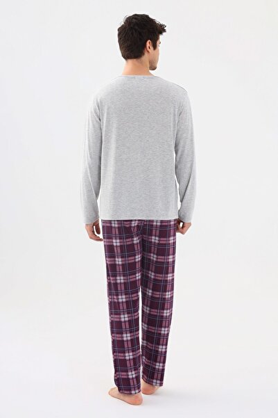 koza iç giyim Men's Cotton Long Sleeve Plaid Patterned Pajama Set with Placket on the Front