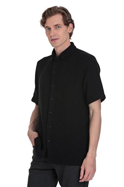 Hatemoğlu Black Comfort Fit Button down Collar 100% Cotton Short Sleeve Casual Shirt