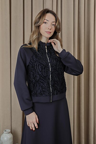 Puane Women's Lace Detailed Zippered Jacket Set - 14385Tks - Navy Blue