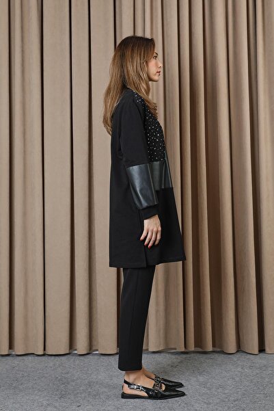 Puane Kadın Taş Detaylı Asimetrik Tunik - 10738TUN - Siyah