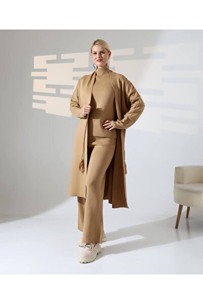 Weak Blue Three-Piece Suit Cardigan & Pants & Blouse Standard Size Waist Tie