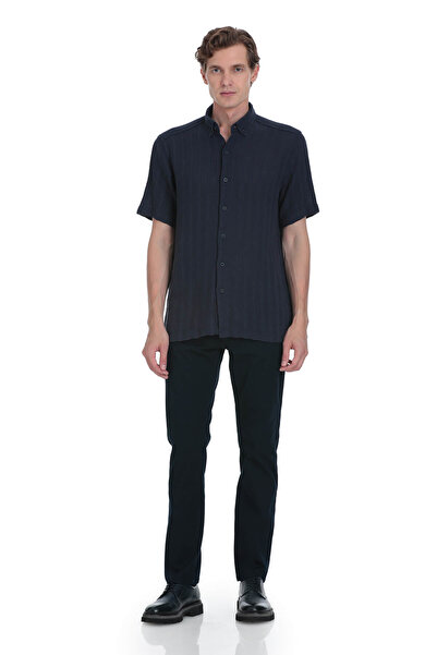 Hatemoğlu Navy Blue Comfort Fit Button down Collar Short Sleeve Cotton Shirt