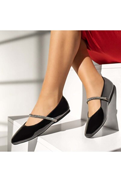 Modlet.ro Balerini negri lucioși pentru femei cu bareta și strasuri MOD13710