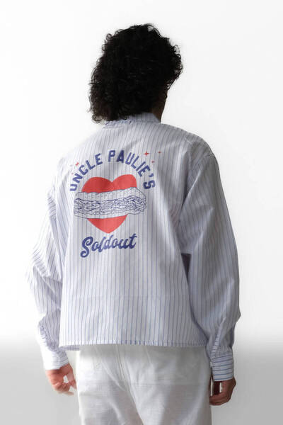 1887CLO Paulie İnce Lacivert Çizgili Boxy Fit Crop Gömlek