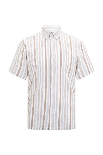 Hatemoğlu Beige Comfort Fit Button down Collar 100% Cotton Short Sleeve Shirt
