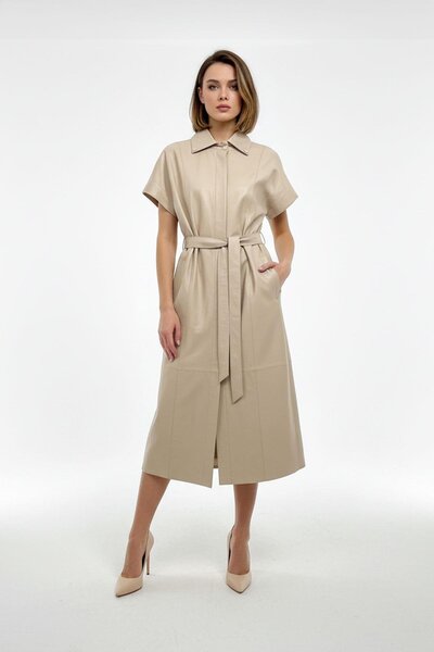 Deriderim Beige Genuine Leather Belted Long Vest