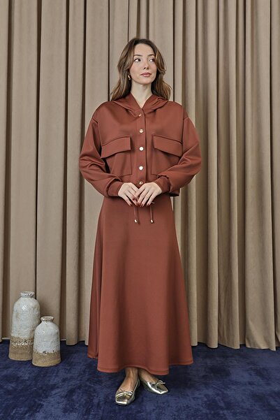 Puane Women's Skirt Suit with Snap Detail - 14377Tks - Brown