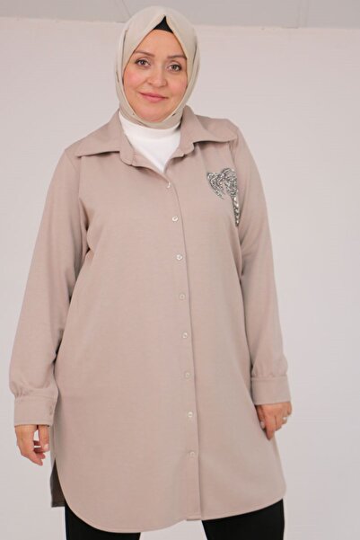 Eslina 58126 Plus Size Buttoned Modal Tunic with Accessory Detail - Beige