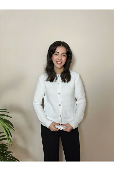 BELISTIL سترة تريكو ناعمة بأزرار من حجر الكريستال الأبيض