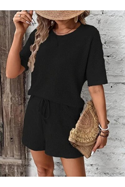 Asil Acar Home    بدلة نسائية بأكمام قصيرة ورقبة دائرية سفلية وأعلى وافل مزدوجة