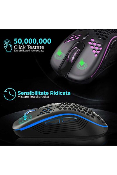 Timebox Mouse de gaming wireless, 80g, 1600DPI, receptor USB 2.4G, LED RGB, 7 butoane, design ergonomic, negru
