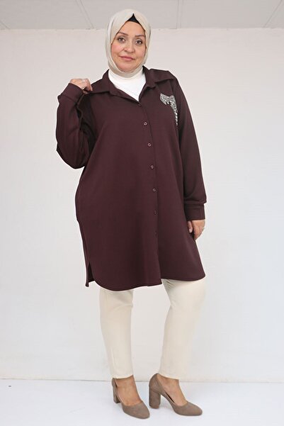 Eslina 58126 Plus Size Buttoned Modal Tunic with Accessory Detail - Brown