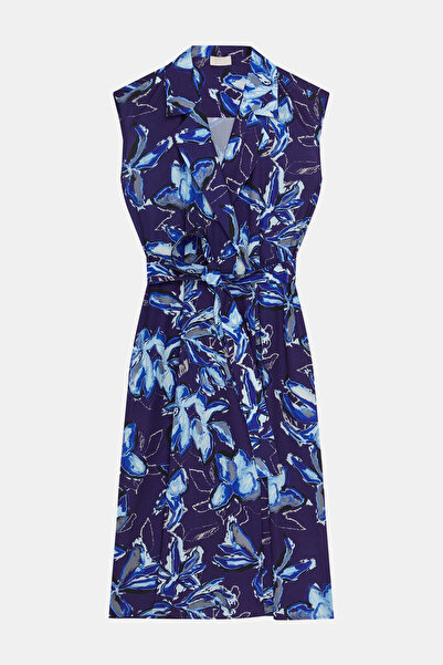 W Collection LACİVERT MİDİ ÇİÇEK DESENLİ KRUVAZE YAKA ELBİSE