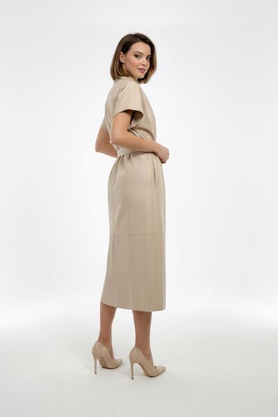 Deriderim Beige Genuine Leather Belted Long Vest