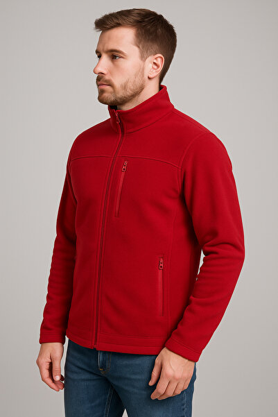 Butik Unisex Kırmızı Anti-pilling Tüylenme Yapmayan Standart Fit Tam Fermuarlı Soğuk Geçirmez Polar Hırka