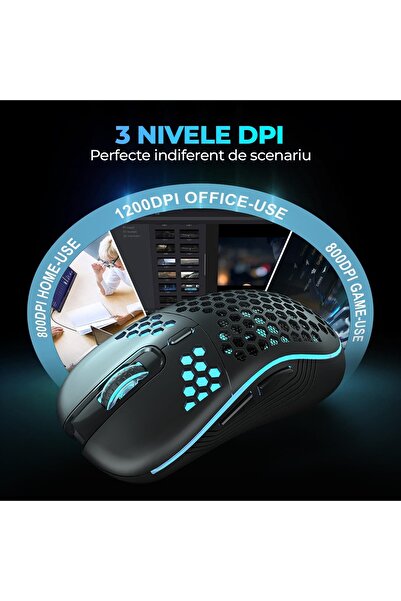 Timebox Mouse de gaming wireless, 80g, 1600DPI, receptor USB 2.4G, LED RGB, 7 butoane, design ergonomic, negru